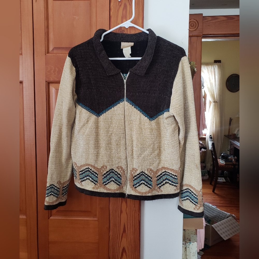 Vintage Y2k Zip-Up 100% Chenille Wrangler Jacket with Horseshoe Pattern M